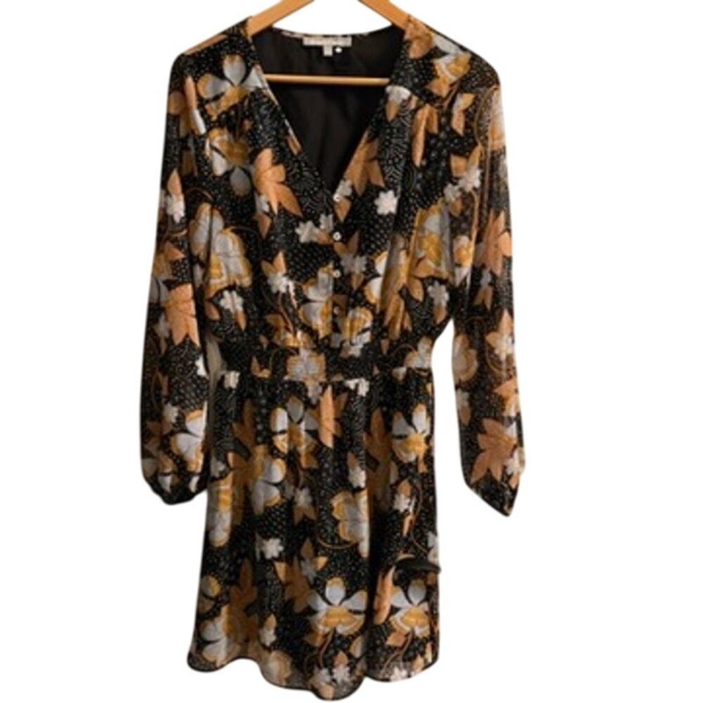 Daniel Rainn M Floral Long Sleeve Mini‎ Dress Black Gold Boho Sheer Whimseygoth